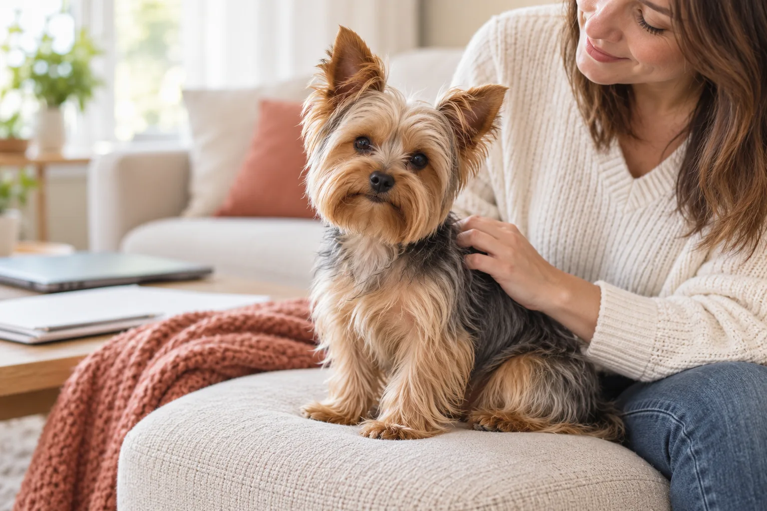 Small Yorkshire Terrier with a tan face and blue-gray silky coat sitting beside its owner